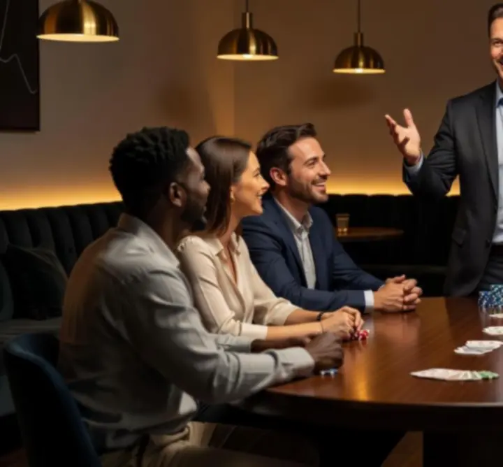 Animateur de poker professionnel expliquant les règles à un groupe