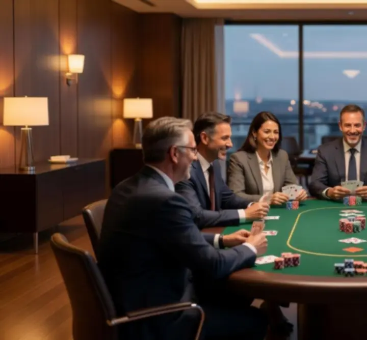 Soirée poker corporate élégante avec collaborateurs autour d'une table de jeu