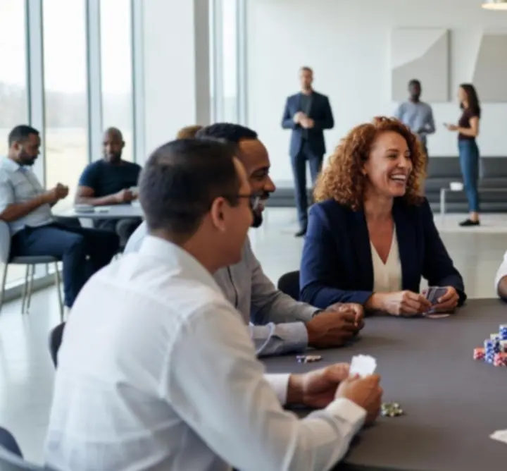 Invités rassemblés autour d'une table de poker lors d'un événement de groupe récent