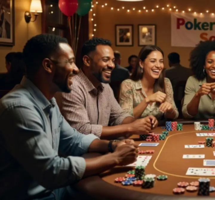 Groupe réuni autour d'une table de poker lors d'une soirée animée
